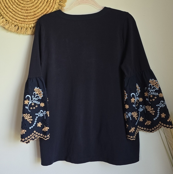 Chico's, Navy Blue Notch Neck Embroidered Eyelet Bell Sleeve Top, Size Large 2 - Picture 6 of 11